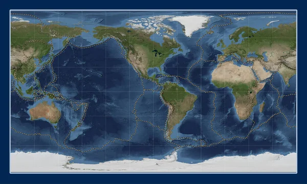 Granice Płyt Tektonicznych Światowej Niebieskiej Marmurowej Mapie Satelitarnej Projekcji Patterson — Zdjęcie stockowe