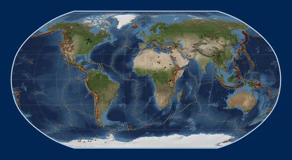 以主经线为中心的罗宾逊投影中已知火山在世界蓝色大理石卫星地图上的分布 — 图库照片