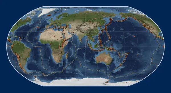 Distribution Known Volcanoes World Blue Marble Satellite Map Robinson Projection — Stock Photo, Image