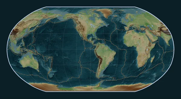 Tectonic Plate Boundaries World Wikipedia Style Elevation Map Robinson Projection — Stock Photo, Image