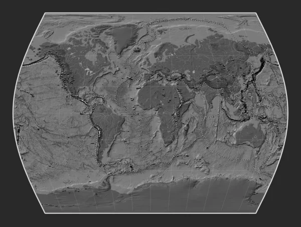 Distribution Known Volcanoes World Bilevel Elevation Map Times Projection Centered — Stock Photo, Image