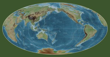 Aitoff projeksiyonunda dünyanın renkli bir yükseklik haritasında tektonik plaka sınırları meridyen 180 boylam üzerine kuruludur.