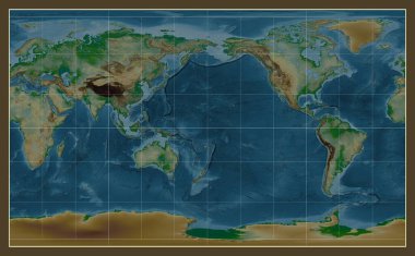 Compact Miller projeksiyonunda dünyanın fiziksel haritası meridyen 180 boylam üzerine kuruludur.