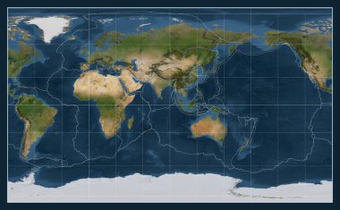 Compact Miller projeksiyonunda dünyanın uydu haritasında tektonik plaka sınırları meridyen 90 doğu boylamı üzerine kuruludur.