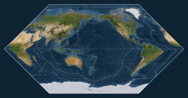Eckert 'teki dünyanın uydu haritasında tektonik levha sınırları meridyen 180 boylam üzerine kuruludur.