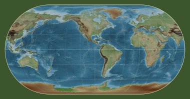 Eckert III projeksiyonunda dünyanın renkli bir yükseklik haritasında tektonik levha sınırları meridyen eksi 90 batı boylamı üzerine kuruludur.