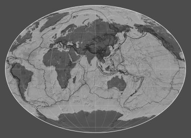 Meridyen 90 doğu boylamı merkezli Fahey projeksiyonunda dünyanın bilek haritasında tektonik plaka sınırları