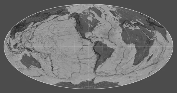 Межі Тектонічних Плит Жовчному Карті Світу Проекції Айтоффа Центром Меридіані — стокове фото