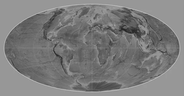 Dünyanın Aitoff Projeksiyonundaki Gri Ölçekli Haritası Meridyen Boylamı Üzerine Kuruludur — Stok fotoğraf