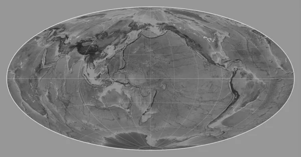 Grayscale Karta Över Världen Aitoff Projektion Centrerad Meridianen 180 Longitud — Stockfoto