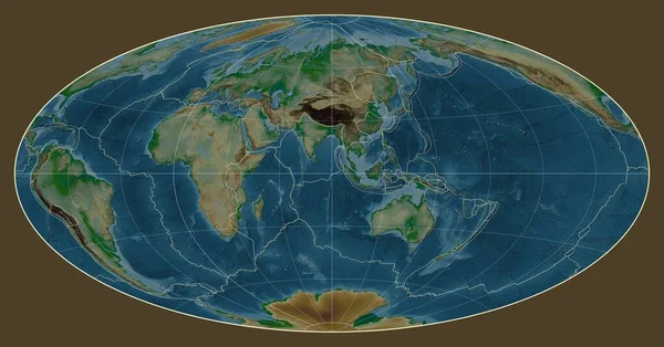 Tectonic Plate Boundaries Physical Map World Aitoff Projection Centered Meridian — Stock Photo, Image