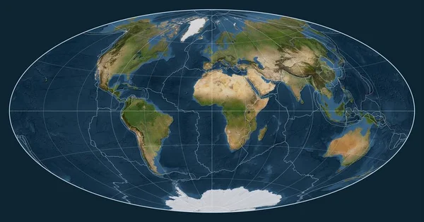 메리디안 중심의 아이토프 투영에서 세계의 지도에 지각판 — 스톡 사진