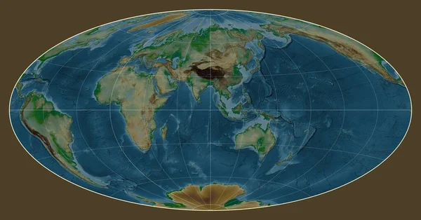 Physical Map World Aitoff Projection Centered Meridian East Longitude — Stock Photo, Image