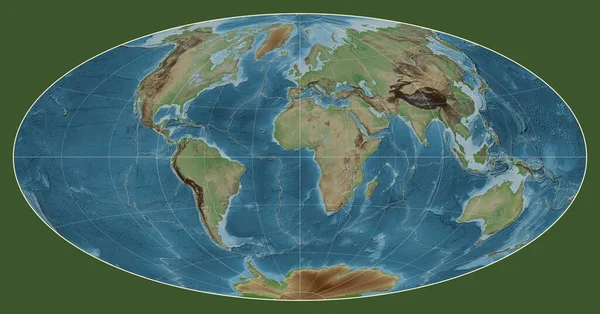 Granice Płyt Tektonicznych Kolorowej Mapie Wzniesień Świata Projekcji Aitoffa Skupionej — Zdjęcie stockowe