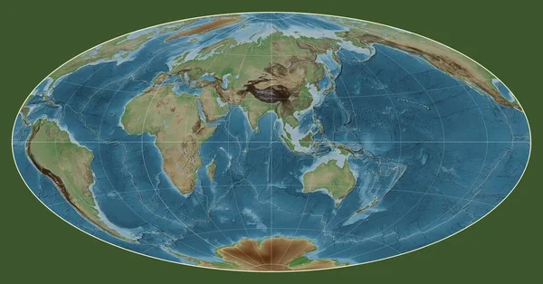 以东经90度子午线为中心的艾托夫投影中的世界彩色高程地图上的构造板块边界 — 图库照片