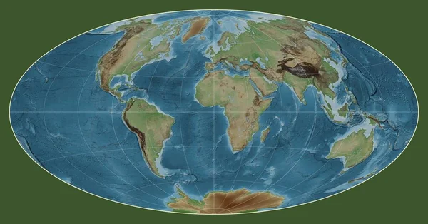 Colored Elevation Map World Aitoff Projection Centered Meridian Longitude — Stock Photo, Image
