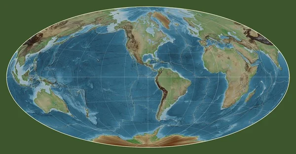 Tektonikus Lemez Határai Világ Színes Magaslati Térképén Aitoff Vetületben Középpontjában — Stock Fotó