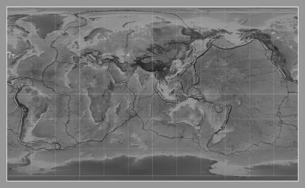 コンパクトミラープロジェクションの世界のグレースケール地図上のテクトニックプレート境界線 東経度を中心に — ストック写真