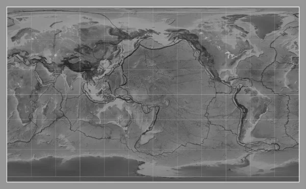 stock image Tectonic plate boundaries on a grayscale map of the world in the Compact Miller projection centered on the meridian 180 longitude