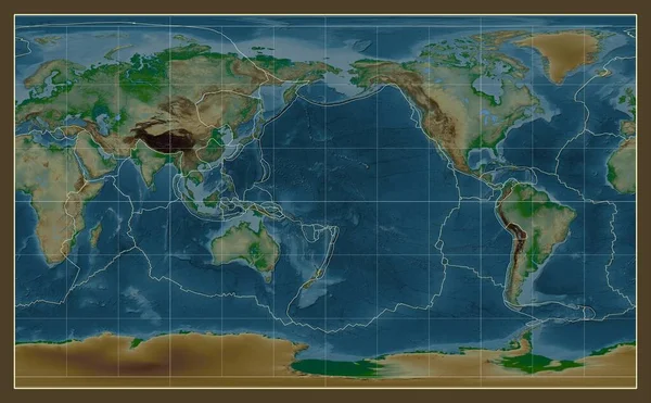 메리디안 180 경도를 중심으로 프로젝션에서 세계의 물리적 지도에 지각판 — 스톡 사진
