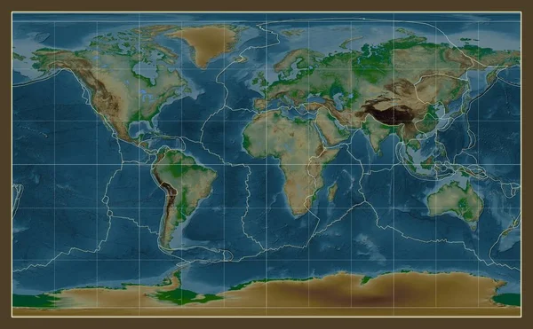 メリディアン 経度を中心としたコンパクトミラー投影の世界の物理的な地図上のテクトニックプレート境界 — ストック写真