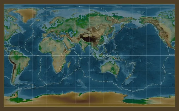 コンパクトミラー投影の世界の物理的な地図上のテクトニックプレート境界線 東経度を中心に — ストック写真