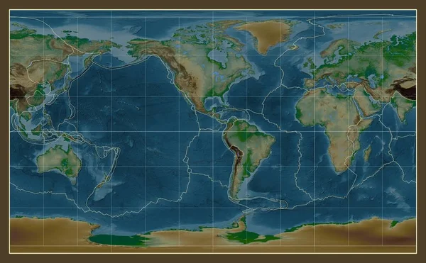 コンパクトミラープロジェクションの世界の物理的な地図上のテクトニックプレート境界線 90西経度を中心に — ストック写真