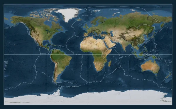 Hranice Tektonických Desek Satelitní Mapě Světa Projekci Compact Miller Středem — Stock fotografie