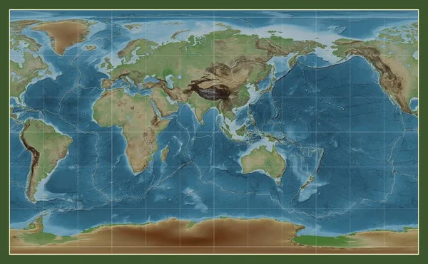 Compact Miller Projeksiyonunda Dünyanın Renkli Bir Yükseklik Haritasında Tektonik Plaka — Stok fotoğraf