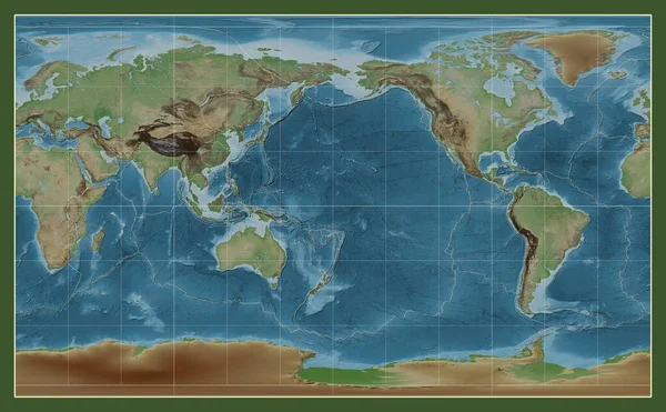 メリディアン180度を中心としたコンパクトミラープロジェクションの世界の色付き標高地図上のテクトニックプレート境界線 — ストック写真