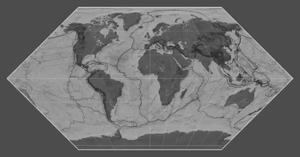 Granice Płyt Tektonicznych Dwupoziomowej Mapie Świata Projekcji Eckert Skupionej Południku — Zdjęcie stockowe