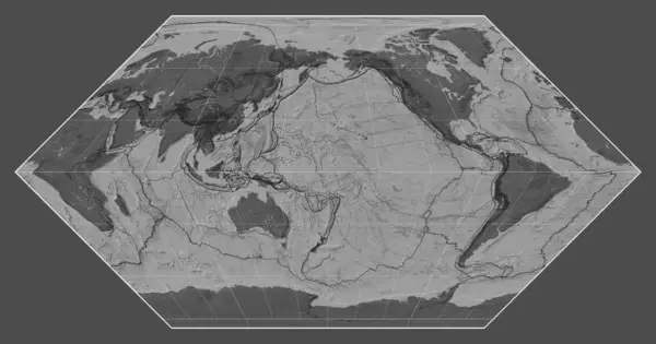 메리디안 180 경도를 중심으로 에커트 투영에서 세계의 지도에 지각판 — 스톡 사진