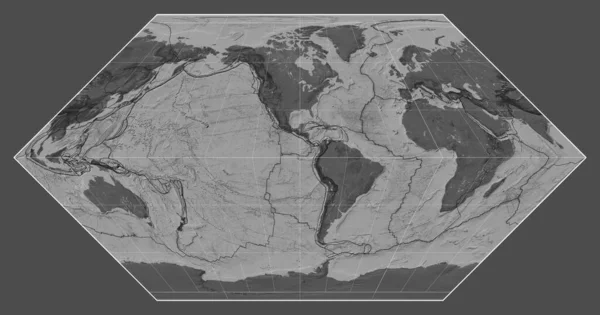 エッカートI投影の世界の胆汁地図上のテクトニックプレート境界線 メリディアン90西経度を中心に — ストック写真