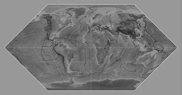 エッカートIプロジェクションの世界のグレースケールマップ上のテクトニックプレート境界線 経度を中心に — ストック写真