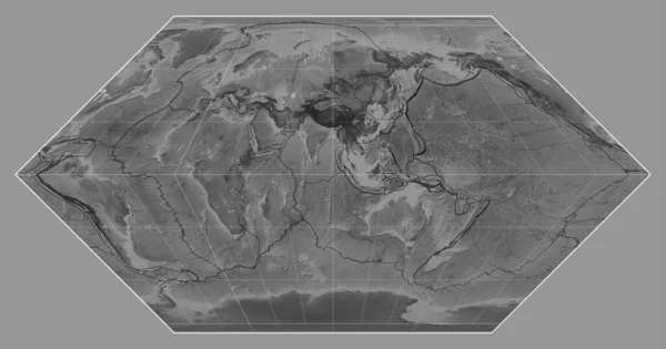 Tectonic Plate Boundaries Grayscale Map World Eckert Projection Centered Meridian — Stock Photo, Image