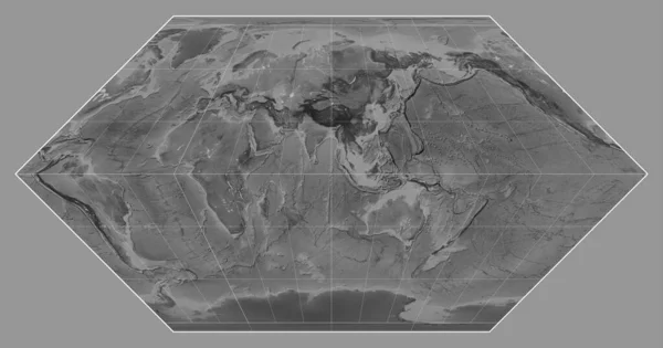 Mapa Escala Cinza Mundo Projeção Eckert Centrada Longitude Leste Meridiano — Fotografia de Stock