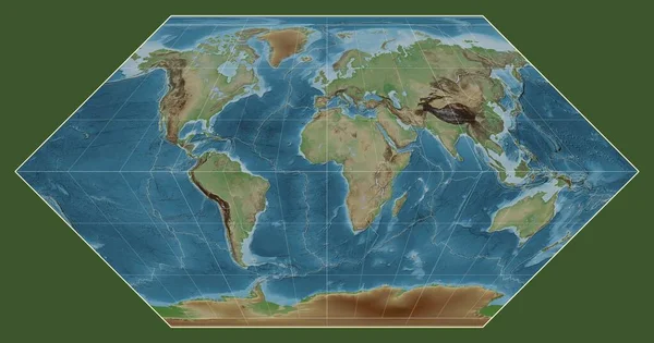 Granice Płyt Tektonicznych Kolorowej Mapie Wzniesień Świata Projekcji Eckert Skupionej — Zdjęcie stockowe
