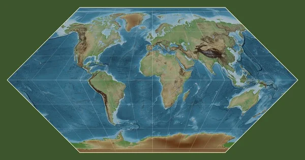 Mapa Elevação Colorido Mundo Projeção Eckert Centrado Meridiano Longitude — Fotografia de Stock