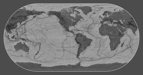 Granice Płyt Tektonicznych Dwupoziomowej Mapie Świata Projekcji Eckerta Iii Skupionej — Zdjęcie stockowe