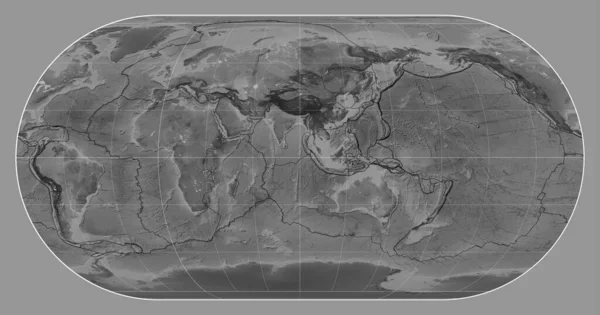 エッカートIiiプロジェクションの世界のグレースケール地図上のテクトニックプレートの境界線 東経度を中心に — ストック写真