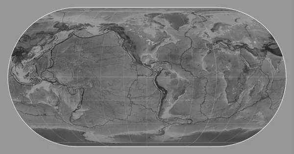 Tektonikus Lemezhatárok Világ Szürkeárnyalatos Térképén Eckert Iii Vetületben Középpontjában Meridián — Stock Fotó