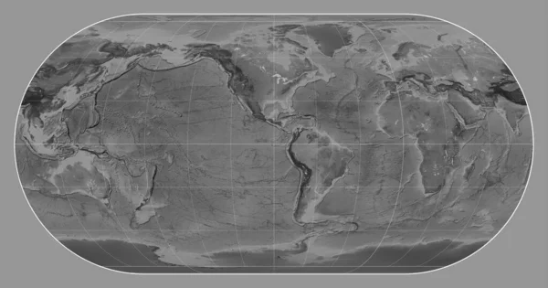 Világ Szürkeárnyalatos Térképe Eckert Iii Vetületben Középpontjában Meridián Nyugati Hosszúság — Stock Fotó