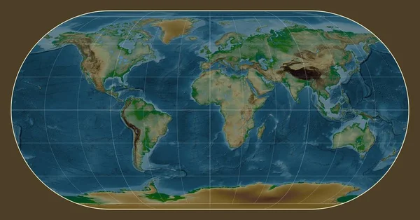 Physical Map World Eckert Iii Projection Centered Meridian Longitude — Stock Photo, Image