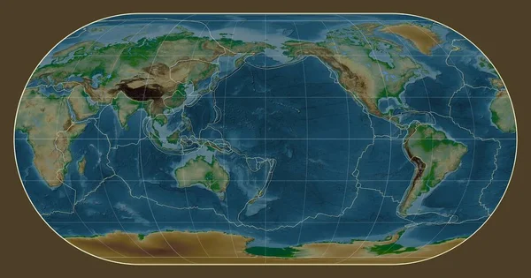 Eckert Iii Projeksiyonunda Dünyanın Fiziksel Haritasında Tektonik Levha Sınırları Meridyen — Stok fotoğraf