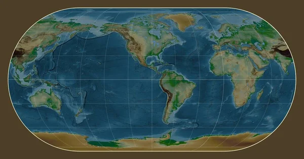埃克特三世投影中的世界物理图 以西经90度线为中心 — 图库照片