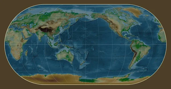 Physical Map World Eckert Iii Projection Centered Meridian 180 Longitude — Stock Photo, Image