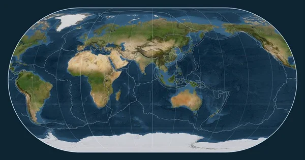 Tectonische Plaatgrenzen Een Satellietkaart Van Wereld Eckert Iii Projectie Gecentreerd — Stockfoto
