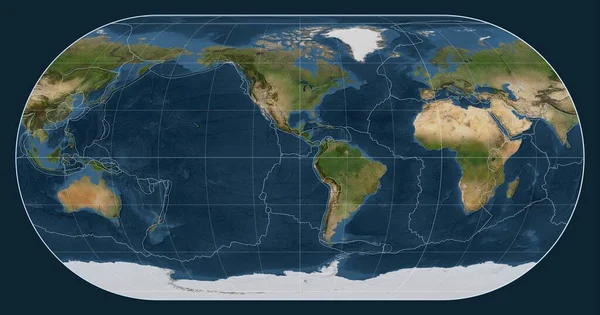 Tectonic plate boundaries on a satellite map of the world in the Eckert III projection centered on the meridian -90 west longitude