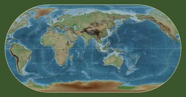 埃克特三世投影中的世界彩色高程图的构造板块边界以东经90度子午线为中心 — 图库照片