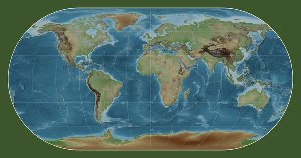 メリディアン 経度を中心としたエッカートIii投影の世界の色付き標高地図上のテクトニックプレート境界 — ストック写真